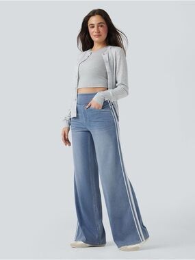 Halara Flex High Waist Wide Leg Denim Jeans Side Stripe Light Wash
